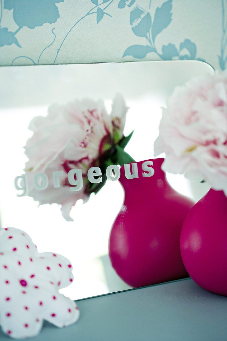 Mirror with the word 'gorgeous', flower in vase