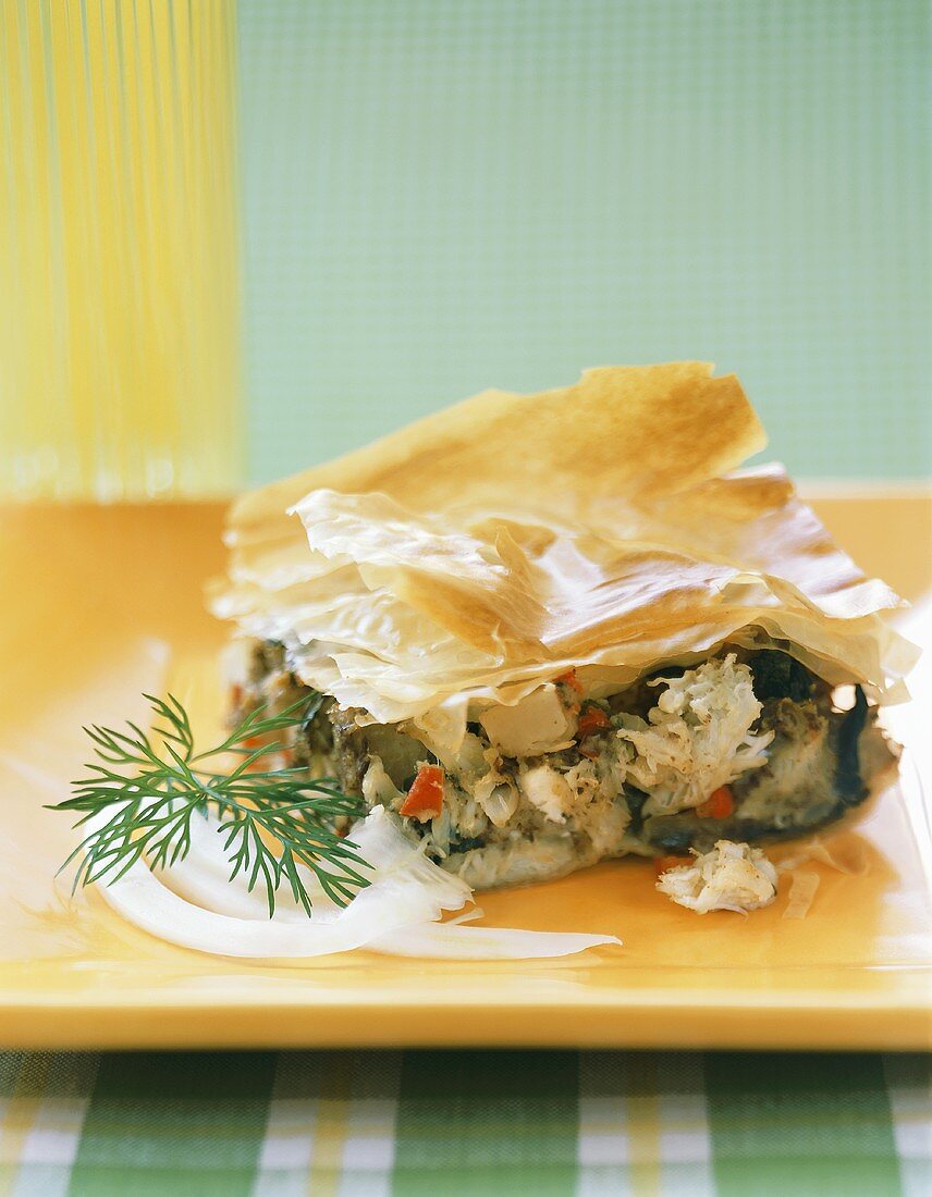 Fish and vegetable pie with filo pastry crust
