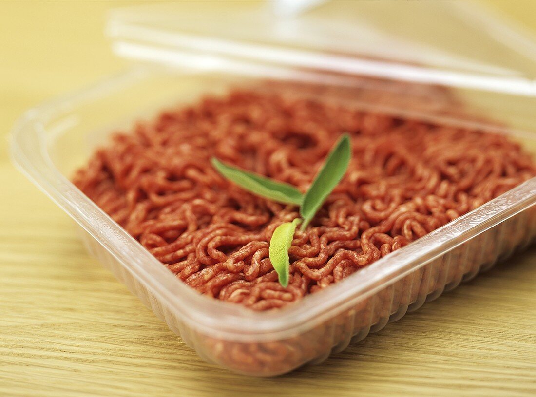Opened plastic packaging of minced beef