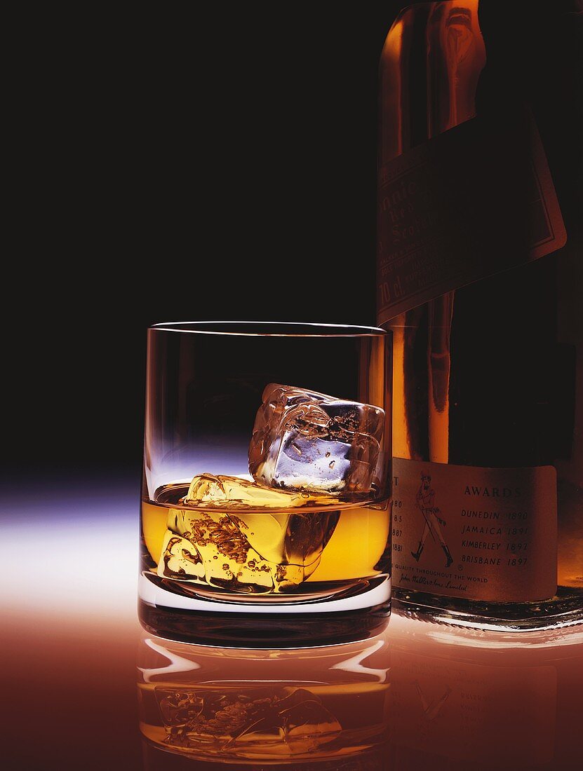 Ein Glas Scotch Whiskey mit Eiswürfeln