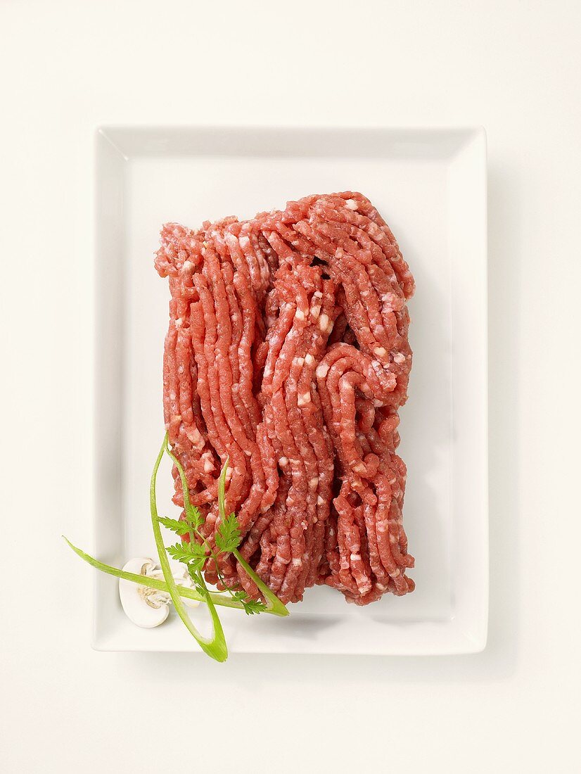 Fresh minced beef on a rectangular plate