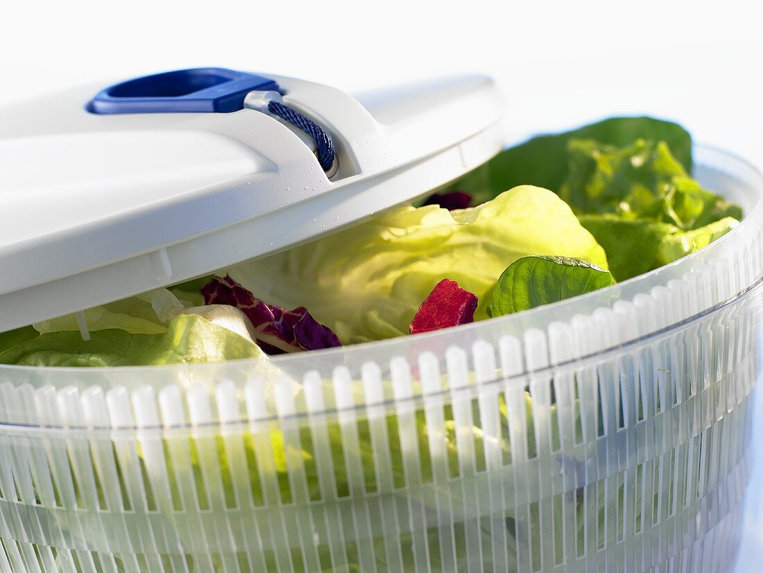 Salad spinner with salad leaves