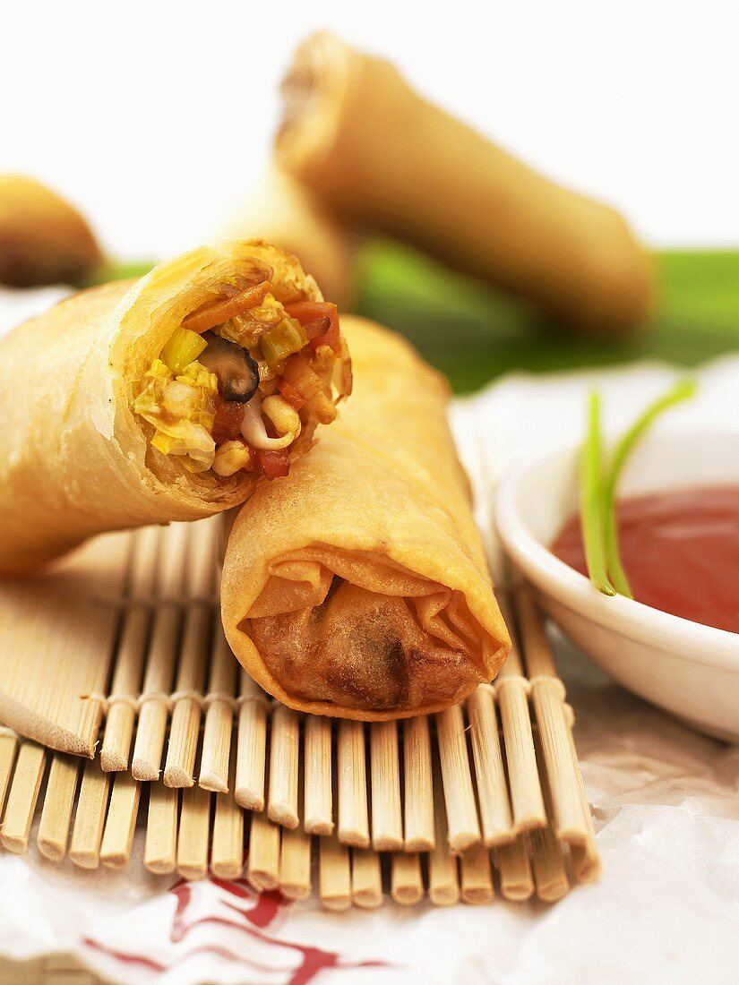 Spring rolls on bamboo place mat