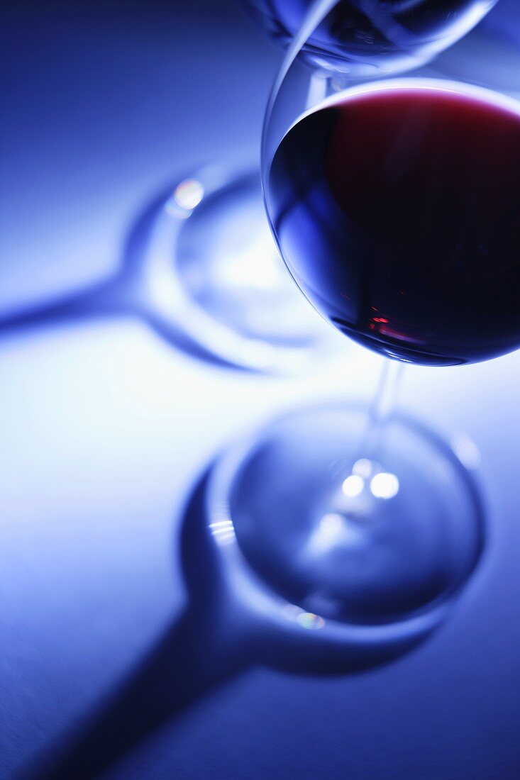 Ein Glas Rotwein vor blauem Hintergrund