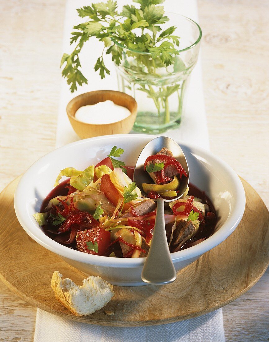 Beef and cabbage stew cooked in the microwave