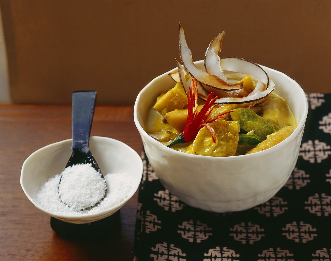 Mango curry with banana, pepper and coconut flakes