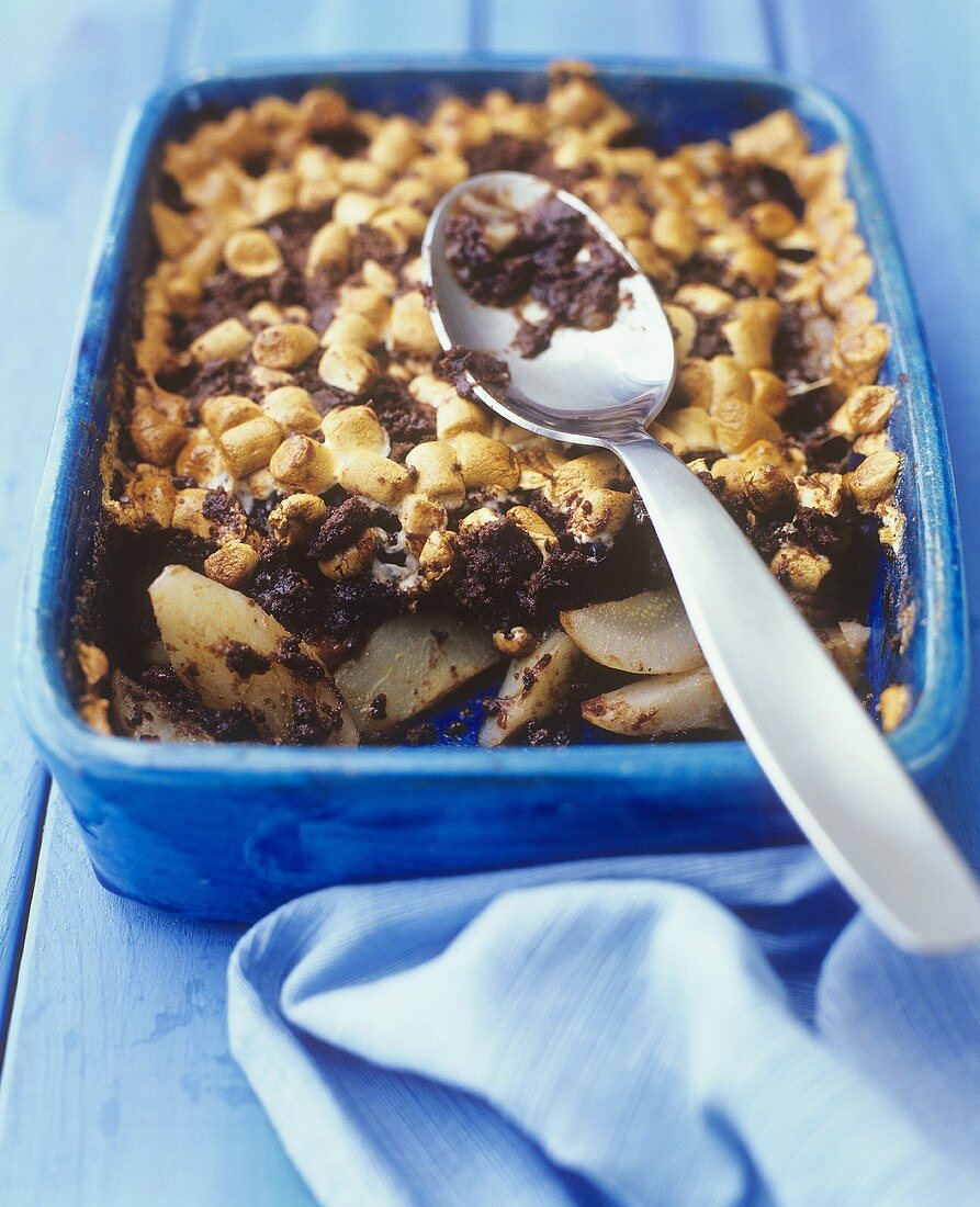Pear and chocolate gratin with toasted marshmallow topping