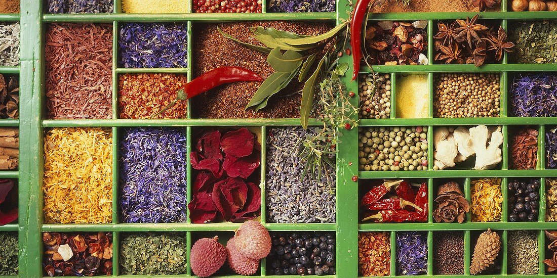 Aromatic herbs and spices in type case