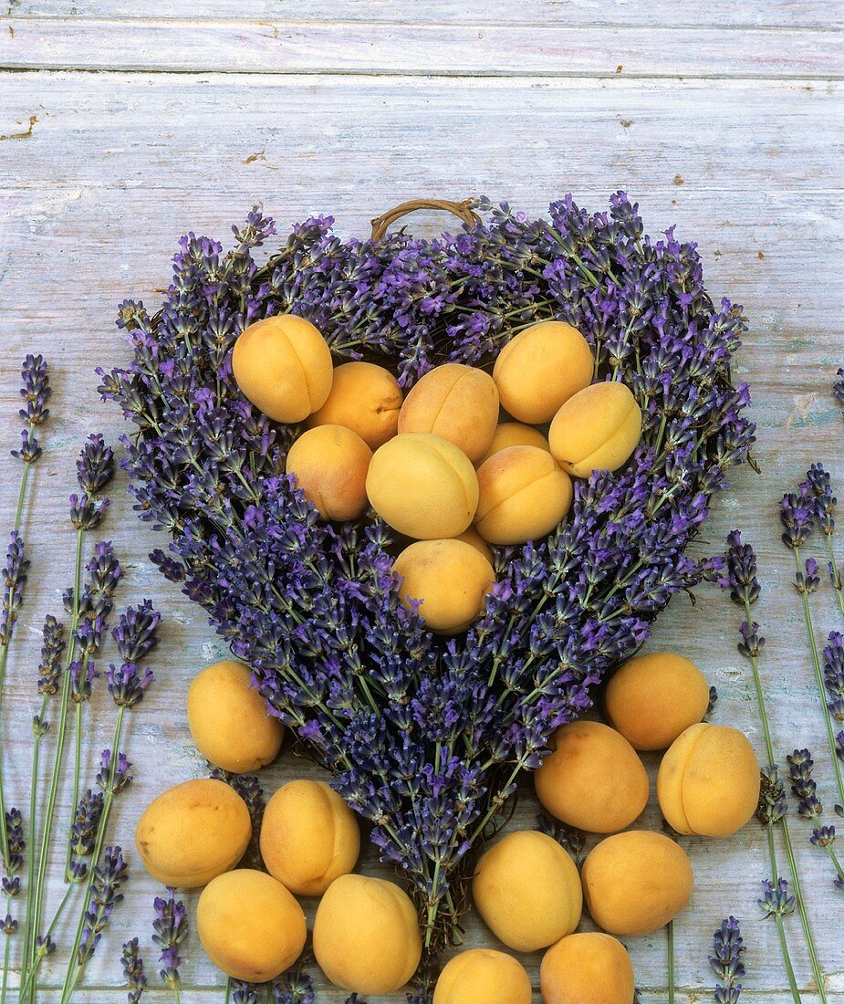 Ein Herz aus Lavendel mit Aprikosen auf Holz