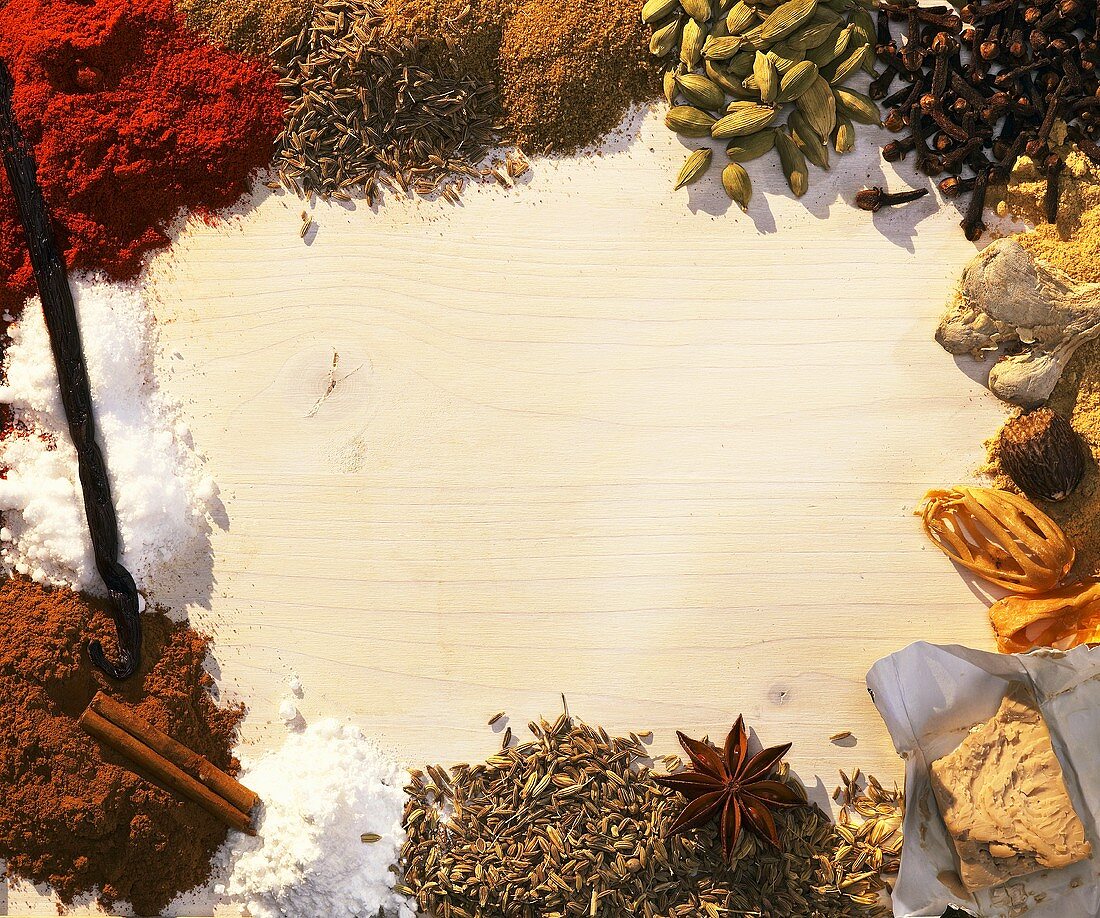 Assorted spices forming a frame