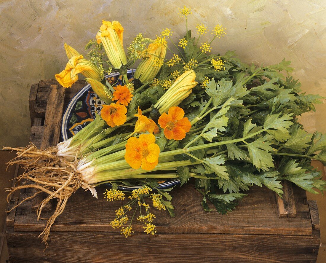 Celery and flowers in a bowl