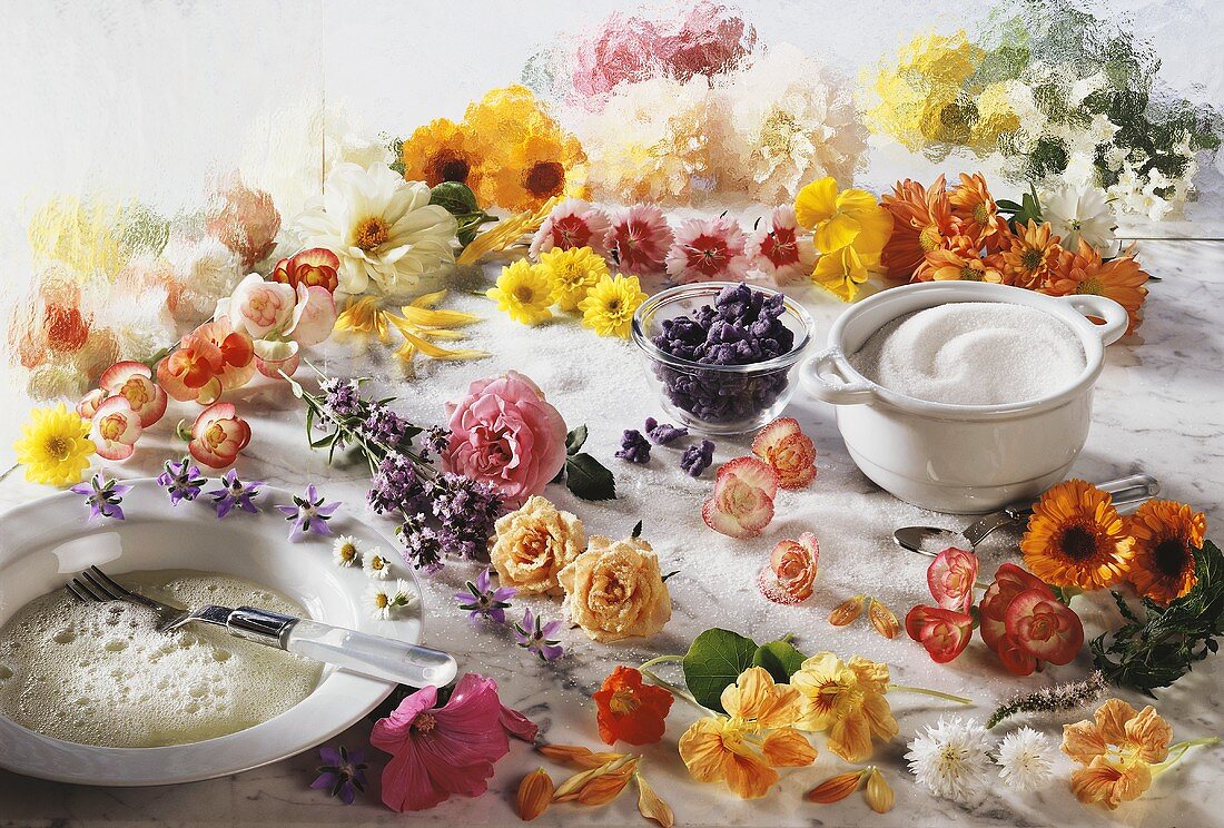 An assortment of flowers for sugaring