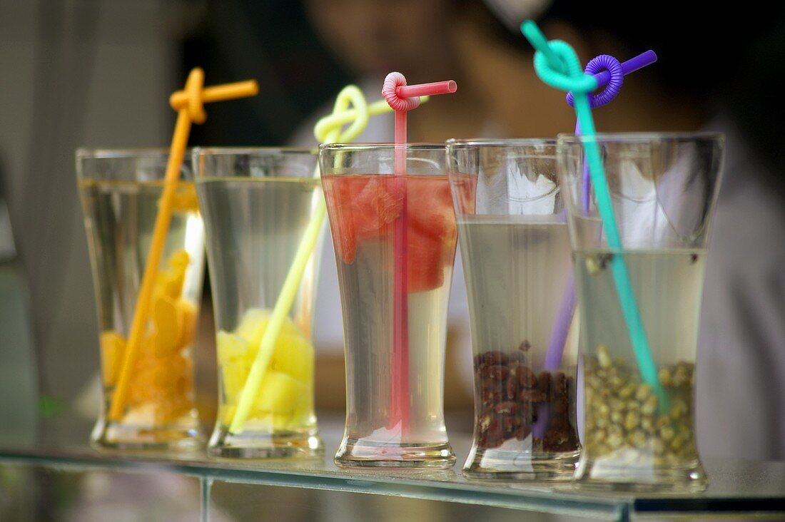 Colourful drinks at a market