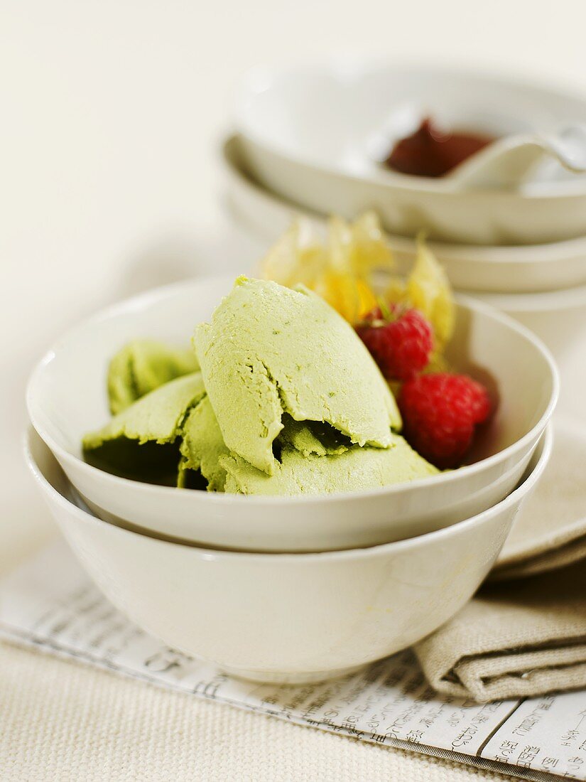 Green tea ice cream with fruit