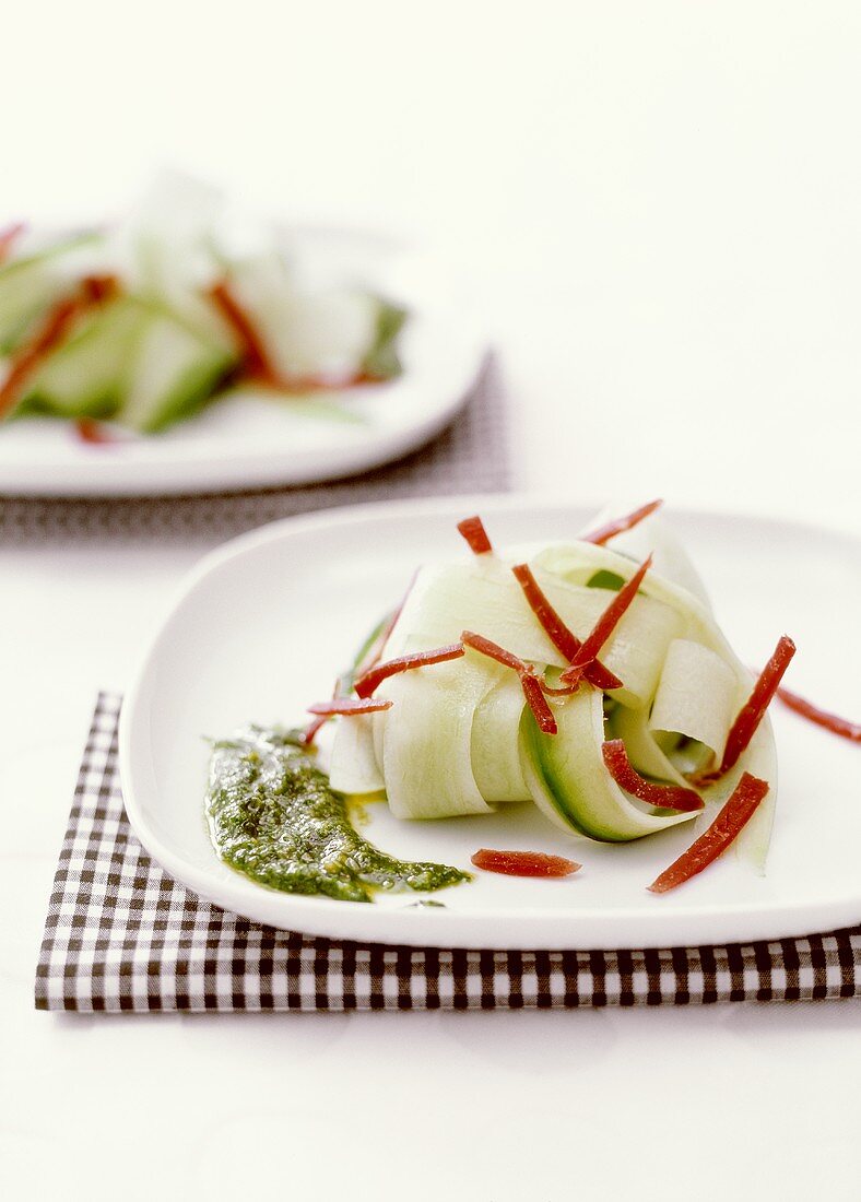 Vegetable slices with pesto