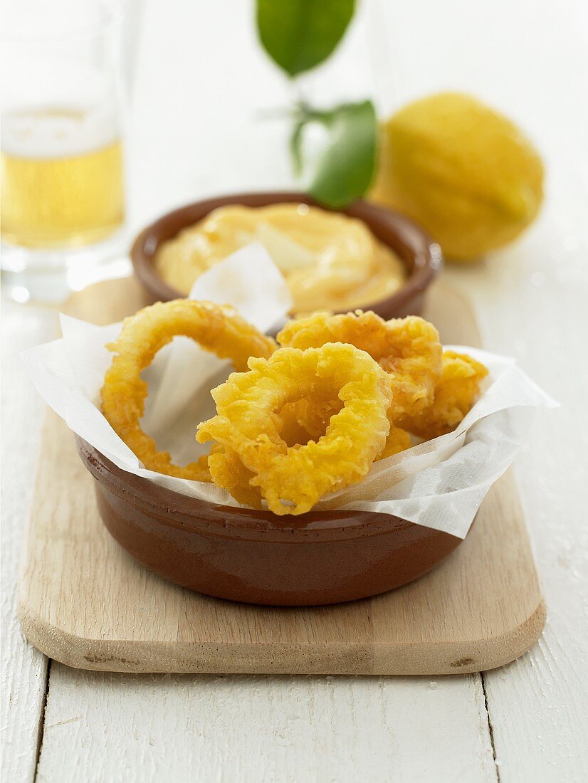 Deep-fried squid rings with aioli dip