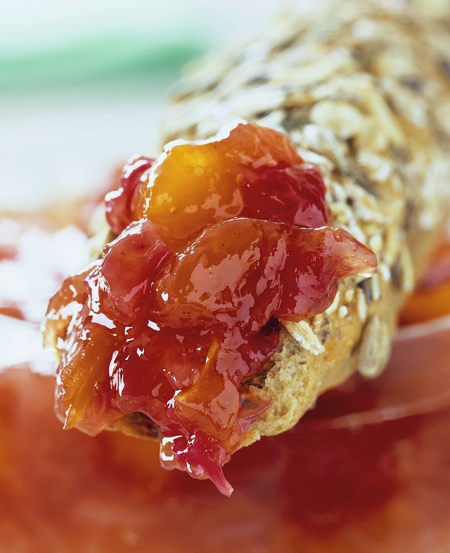 Rhubarb and apricot jam on a wholemeal roll