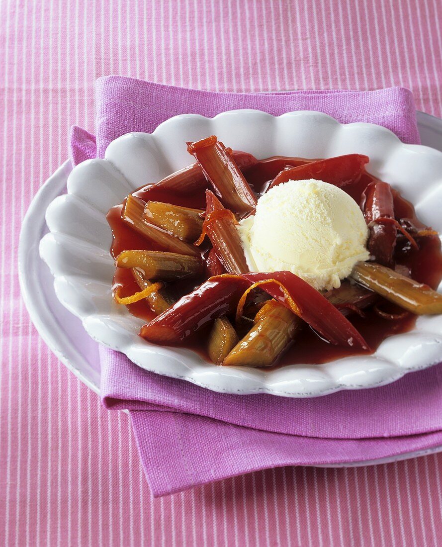 Rhubarb compote with a scoop of vanilla ice cream