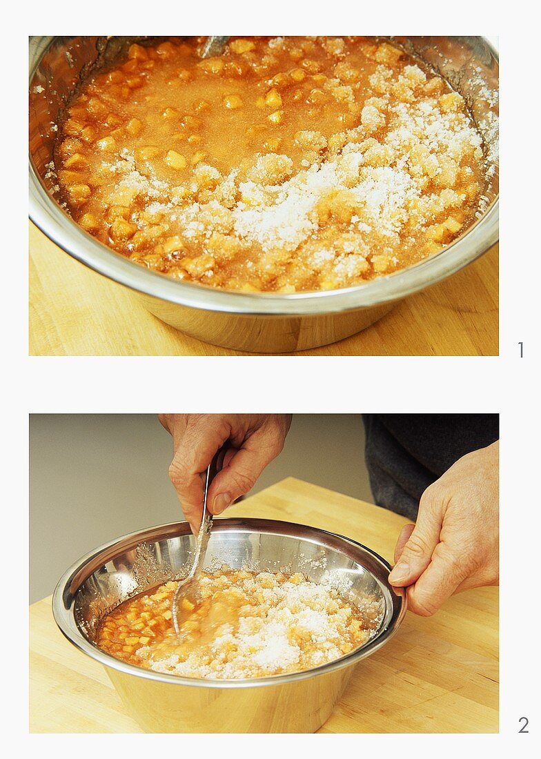 Stirring preserving into chopped fruit