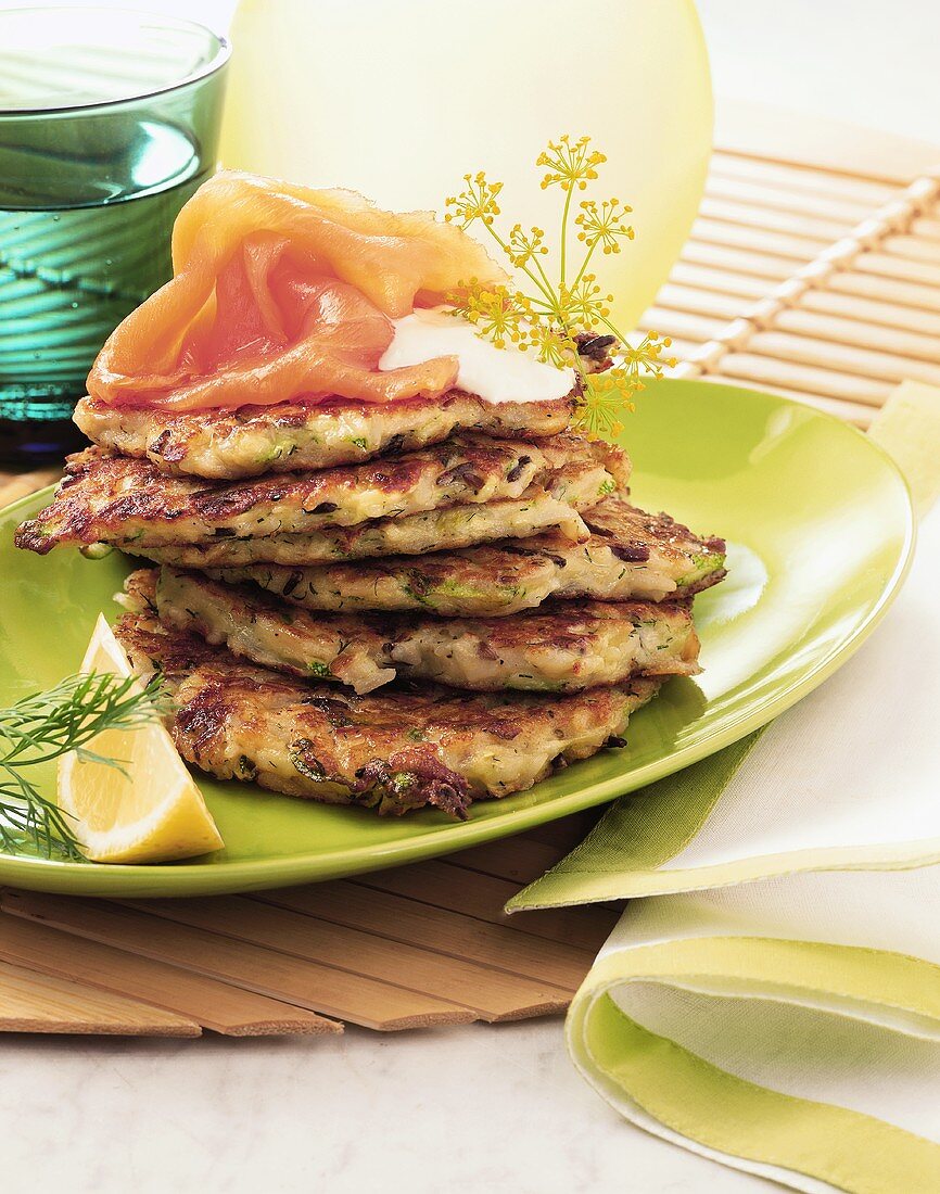 Potato and herb pancakes with wild salmon