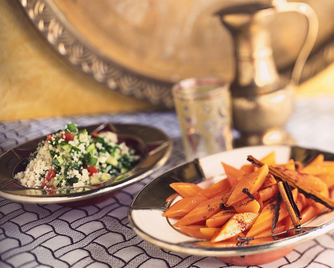 Middle Eastern carrots, couscous salad behind