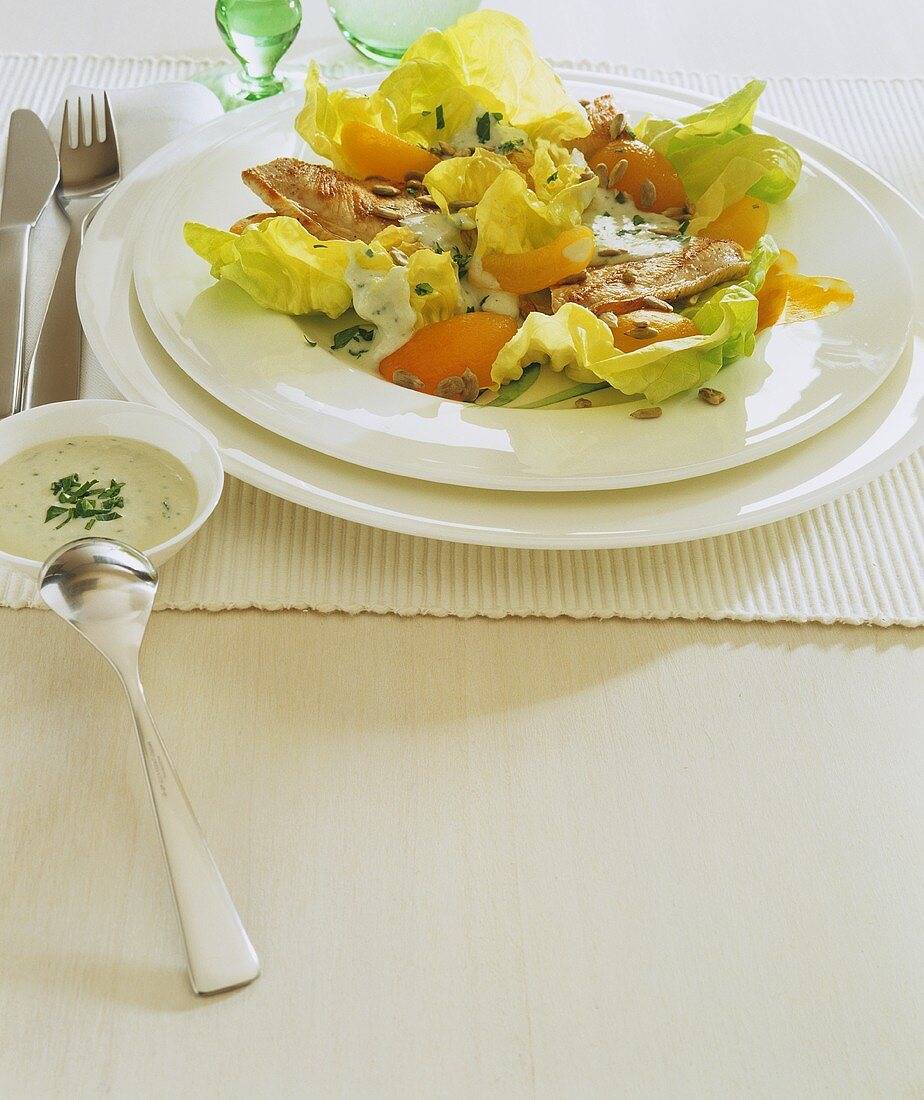 Kopfsalat mit Putennbrustfilet und Aprikosenspalten