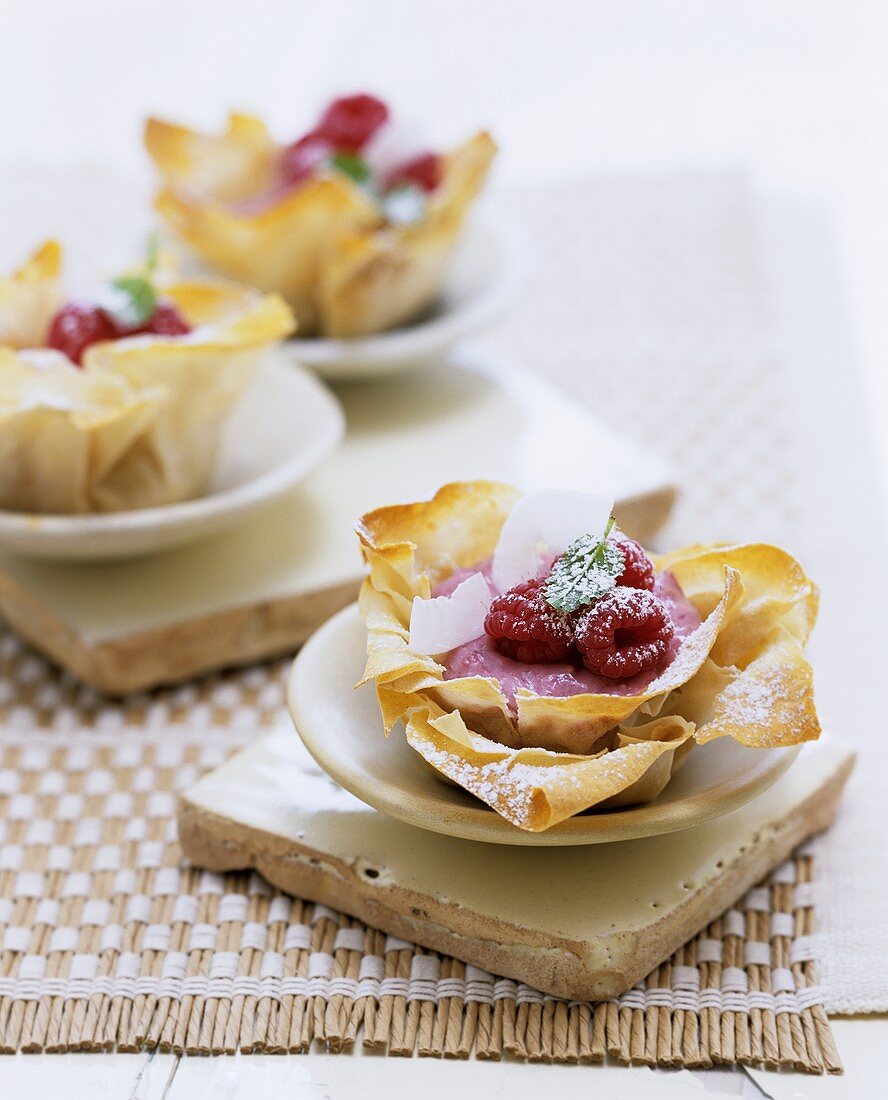 Raspberry cream in filo pastry shell