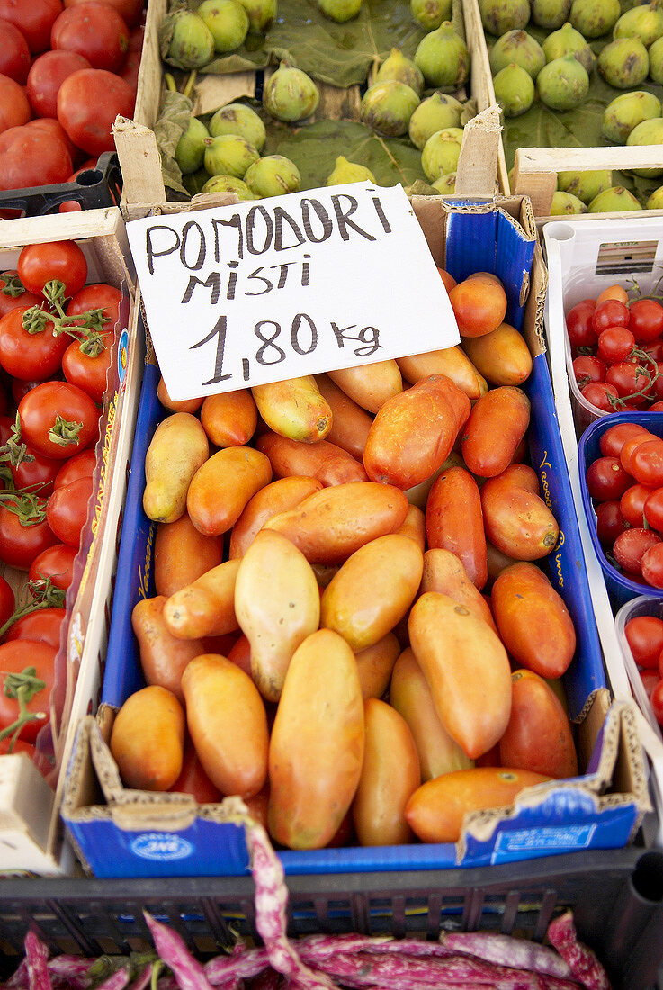 Tomatoes on a market stall in Cetona, Italy