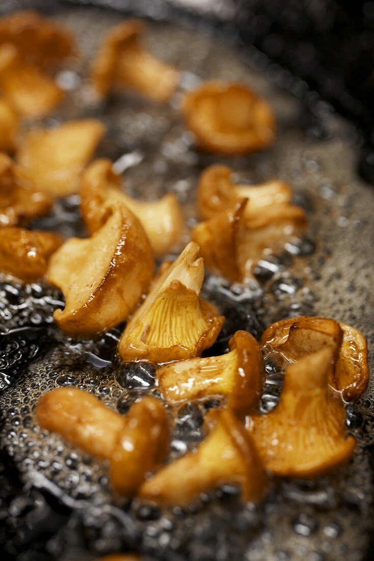 Frying chanterelles in a frying pan