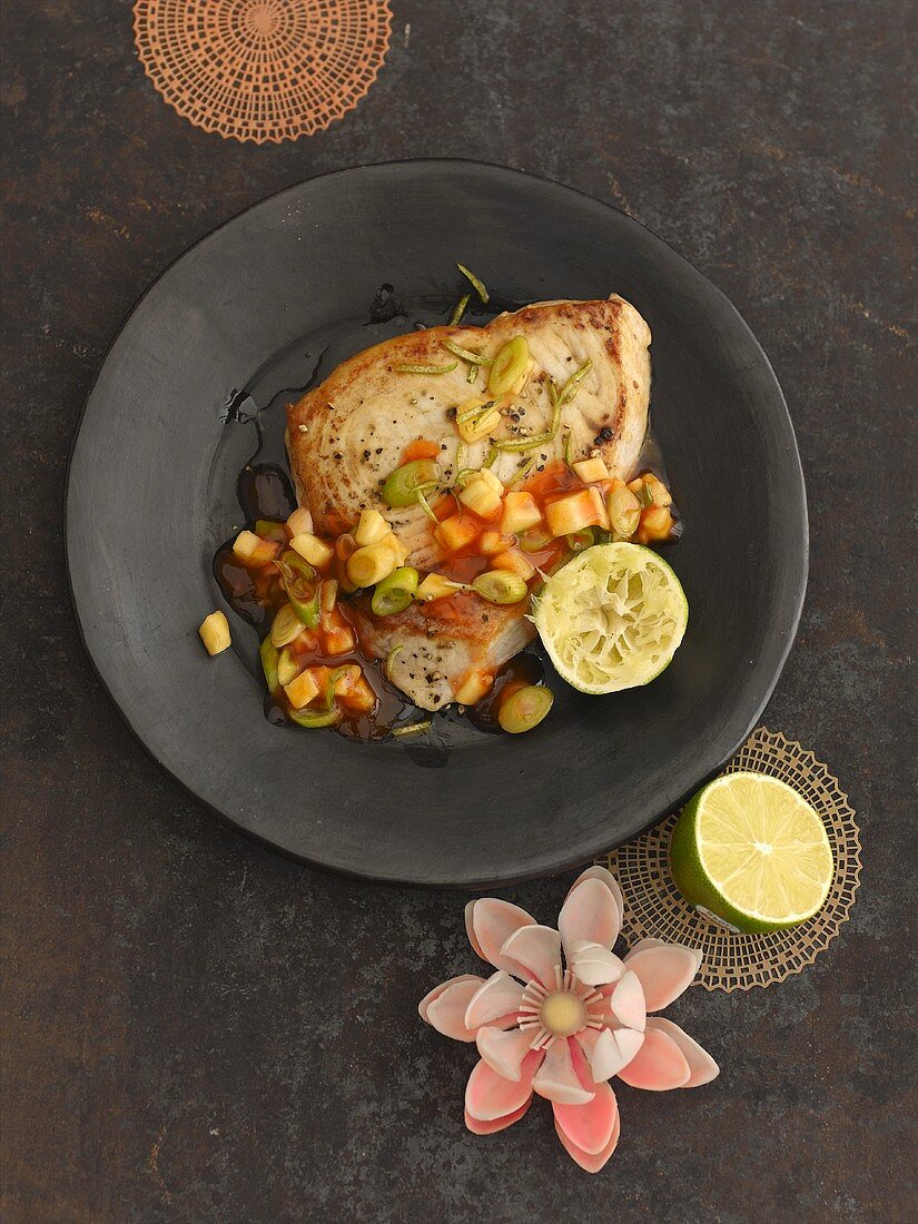 Fried swordfish steak with pineapple and chilli salsa