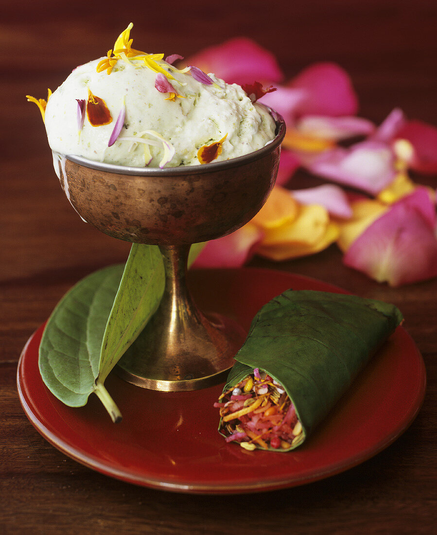 Pistachio ice cream garnished with flower petals