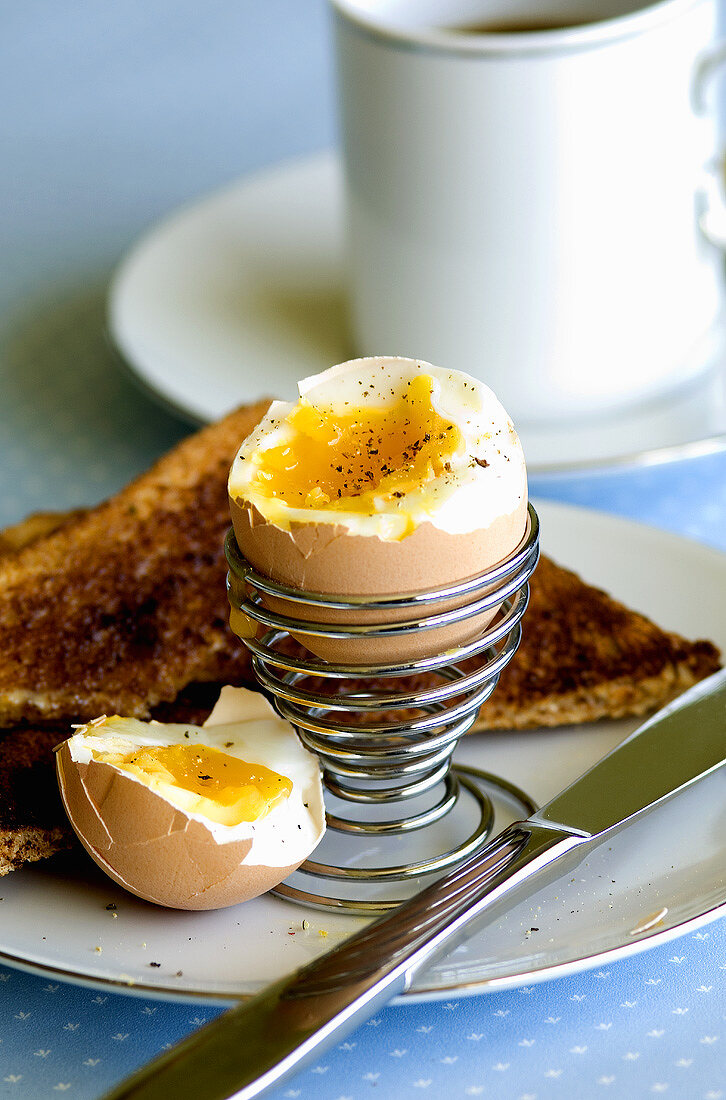 Breakfast: soft-boiled egg, toast and cup of coffee