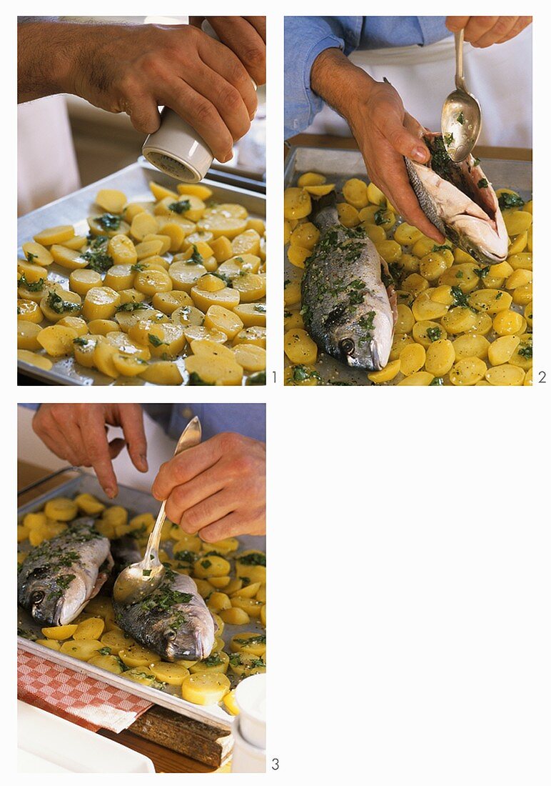 Preparing oven-baked gilthead seabream and potatoes