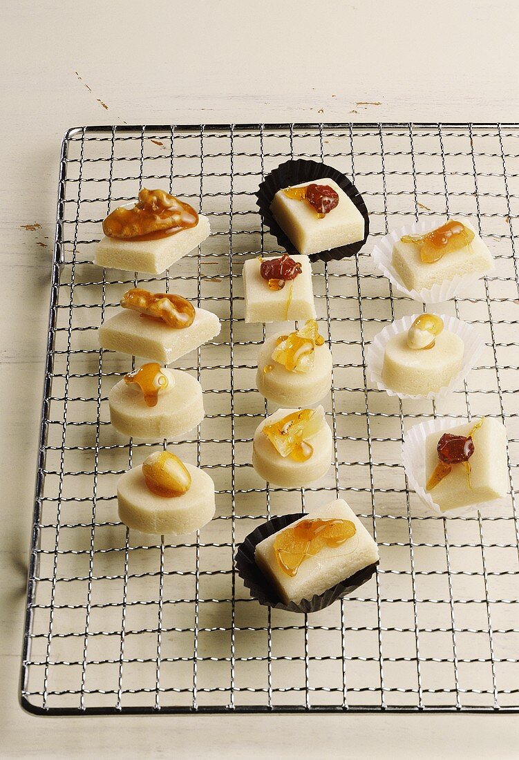Marzipan sweets with walnuts, almonds and caramel