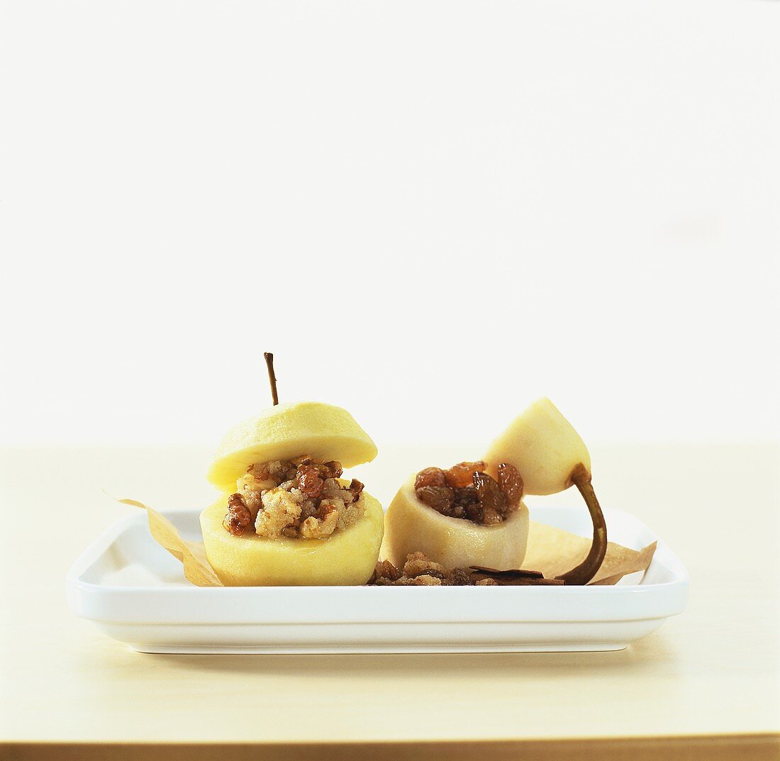 Apple with nut stuffing and pear with raisins stuffing