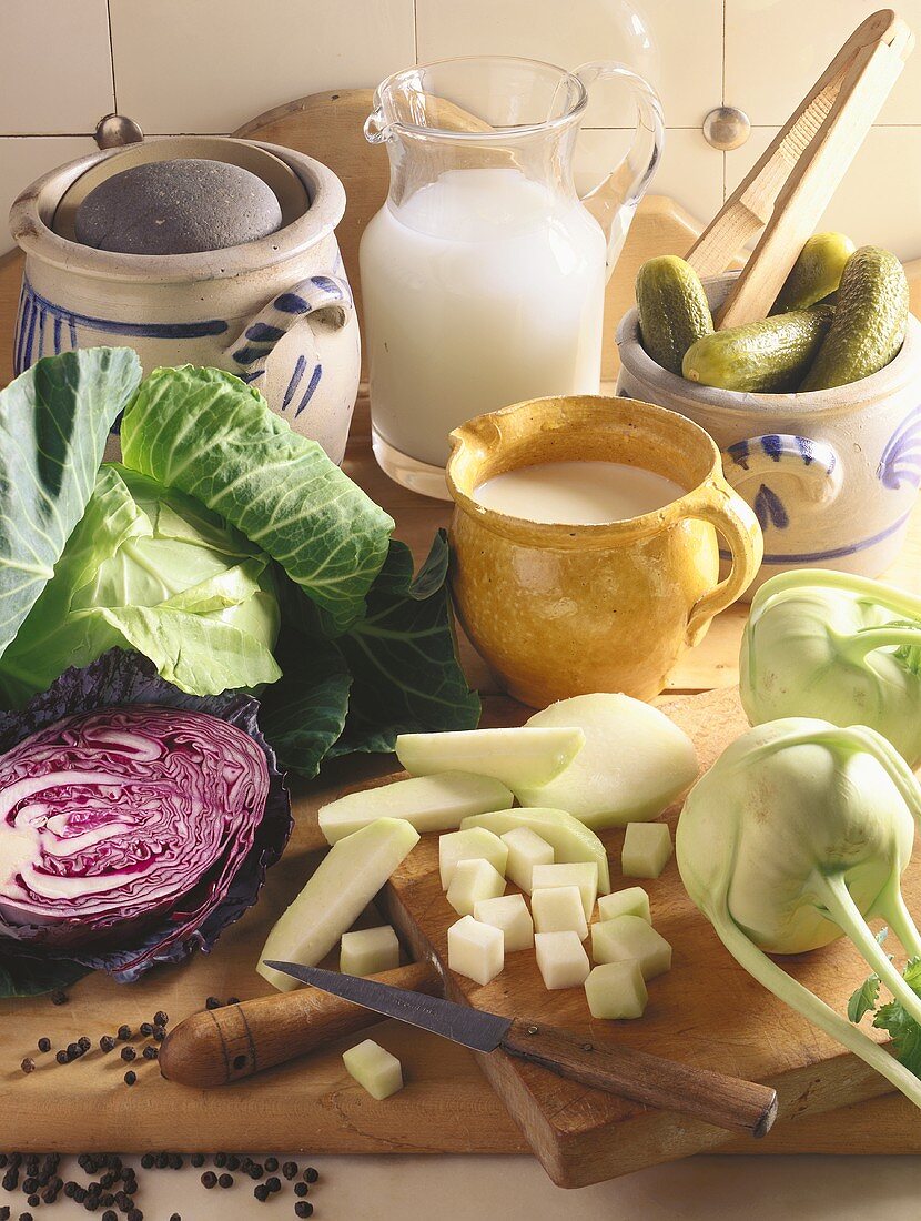 Vegetables and dairy products in kitchen