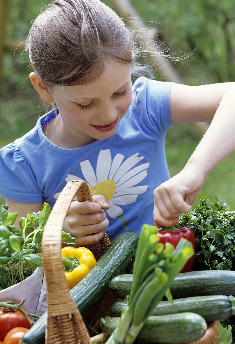 Girl filling basket with fresh vegetables