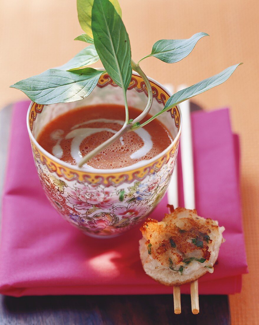 Tomato and coconut soup with shrimp croûtons