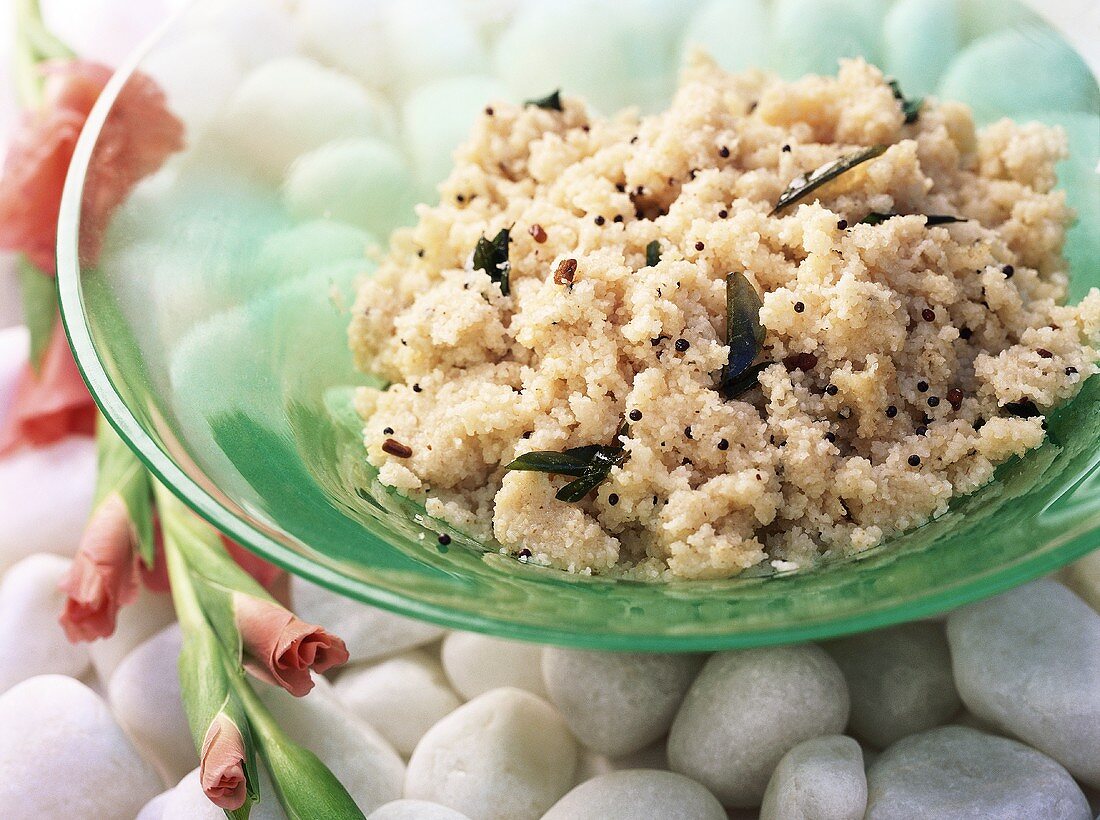 Upma (S. Indian semolina with ginger and cashew nuts)