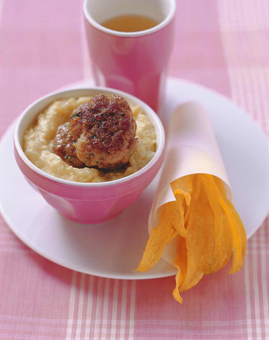 Veal burger on corn porridge