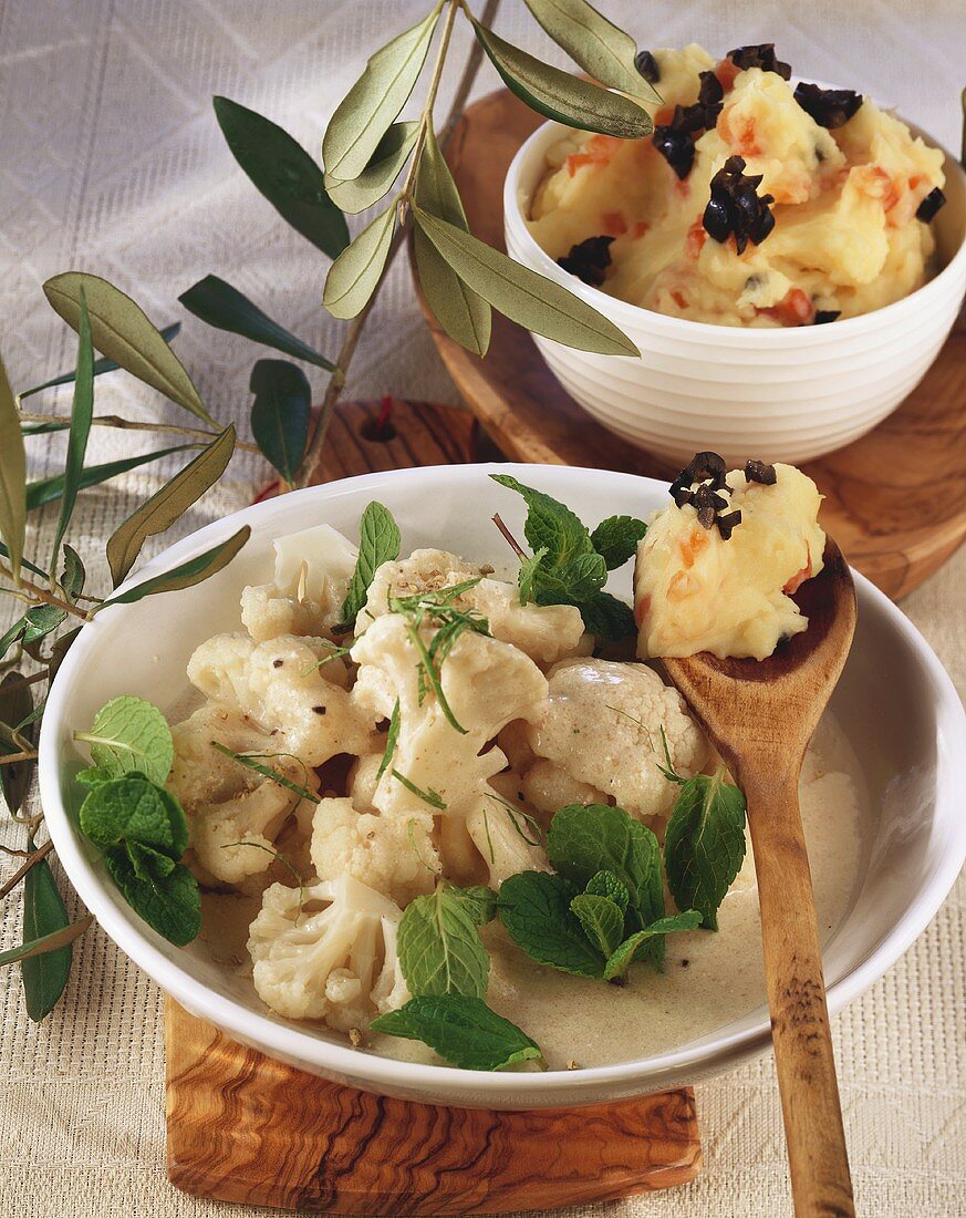 Minted cauliflower and mashed potato with olives