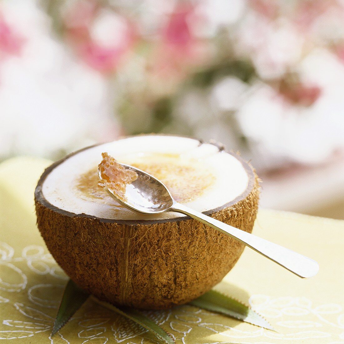 Crème brulee in a coconut