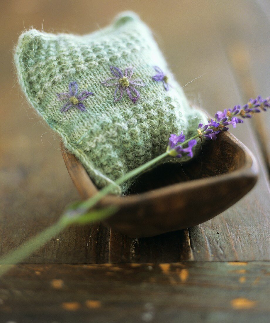 Lavender in lavender bag and stalk of lavender