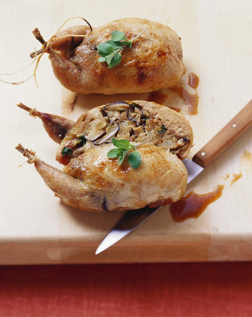 Honey-glazed quail with crouton and mushroom stuffing