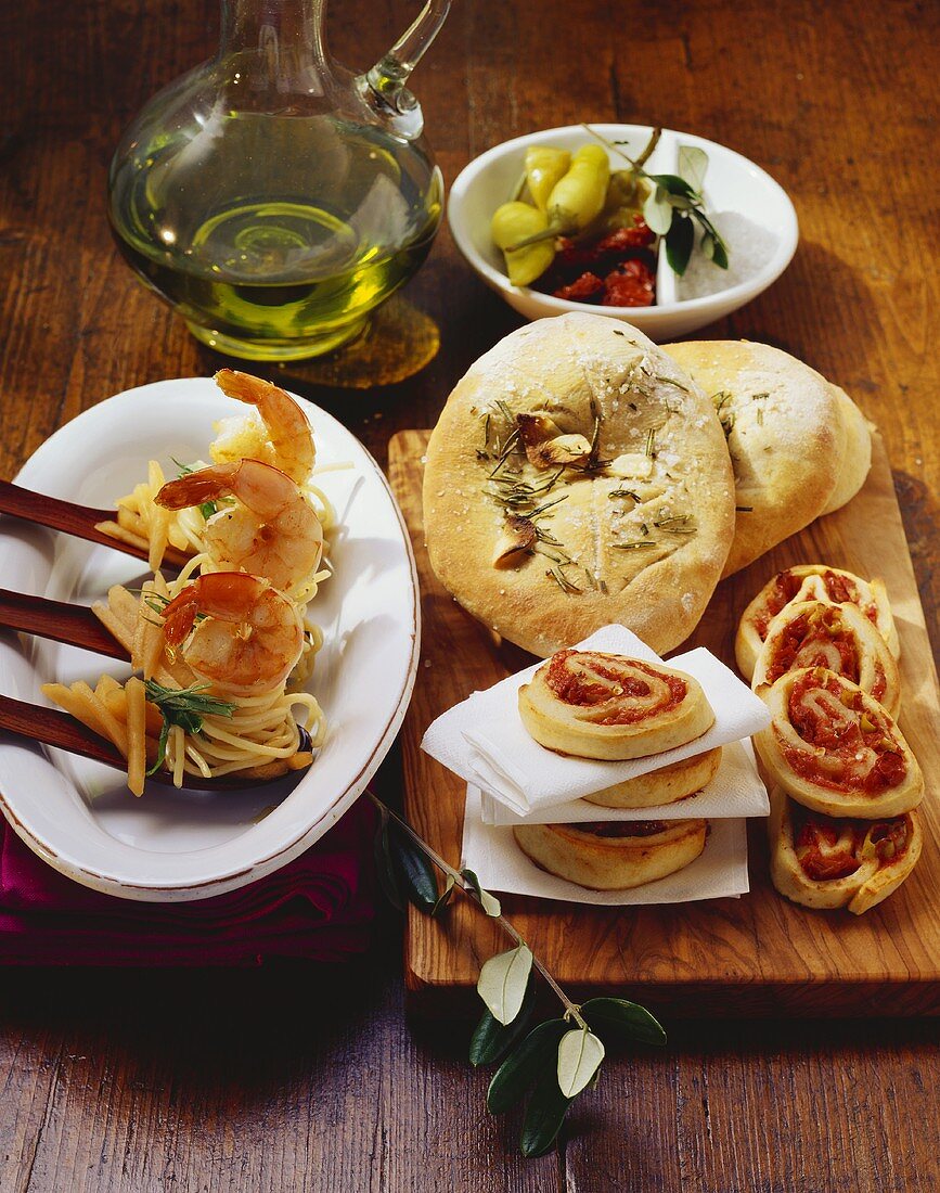 Rosemary flatbread, pizza pinwheels & pasta salad with prawns