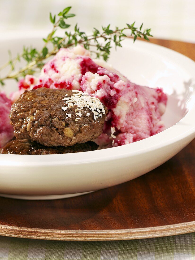 Venison burgers with beetroot mashed potato