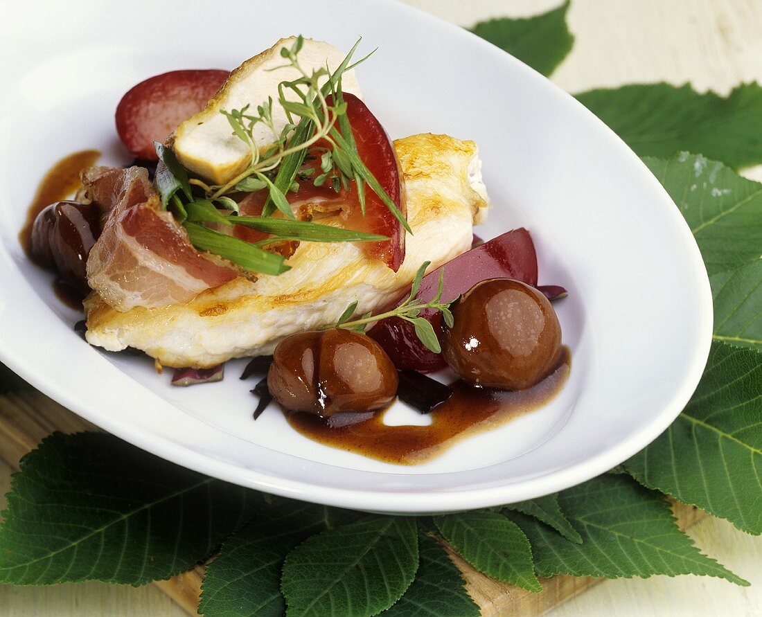 Chicken breast with chestnuts & damsons in red wine sauce
