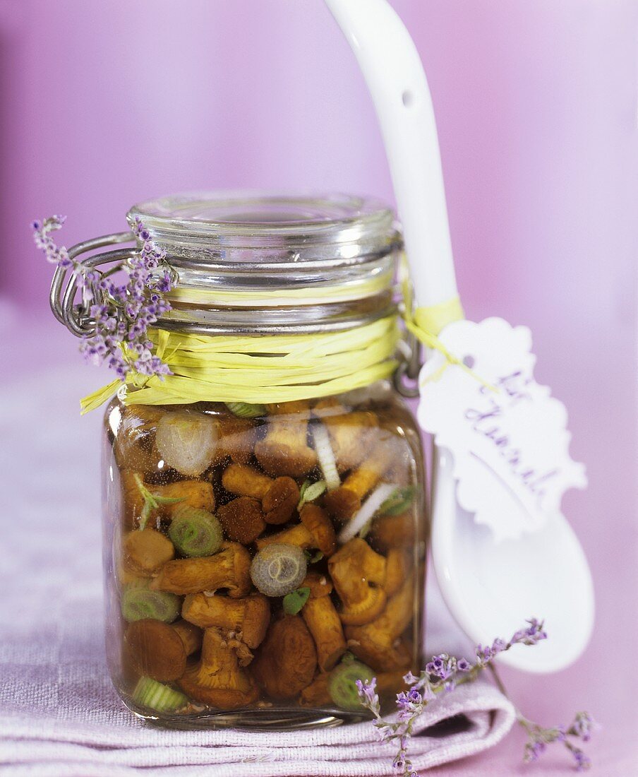 Home-pickled chanterelles in a jar