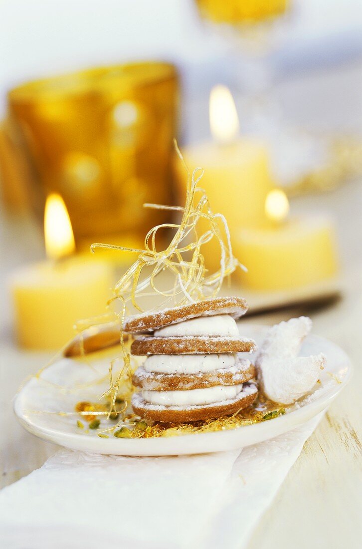 Tower of biscuits and white chocolate with spun sugar