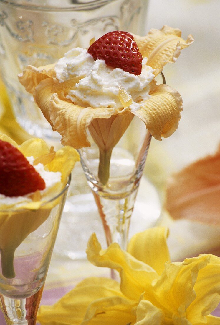 Day lily (edible flower) with lemon ice cream & strawberry
